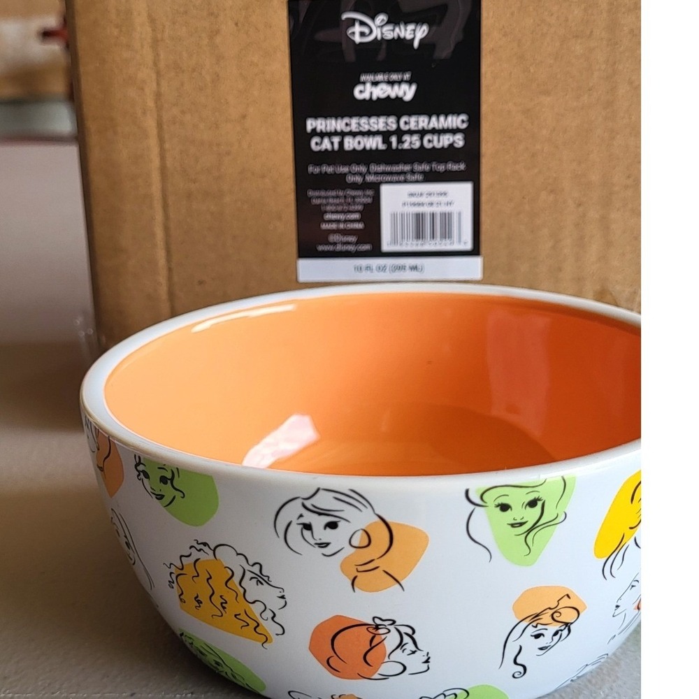 Disney Princesses Ceramic Cat Bowl 1.25 Cups Orange White Chewy Exclusive 291395
